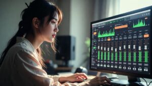 DTMでEQ(イコライザー)処理を学ぶ女性