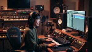 DTMでミックスをする楽しそうな日本人女性