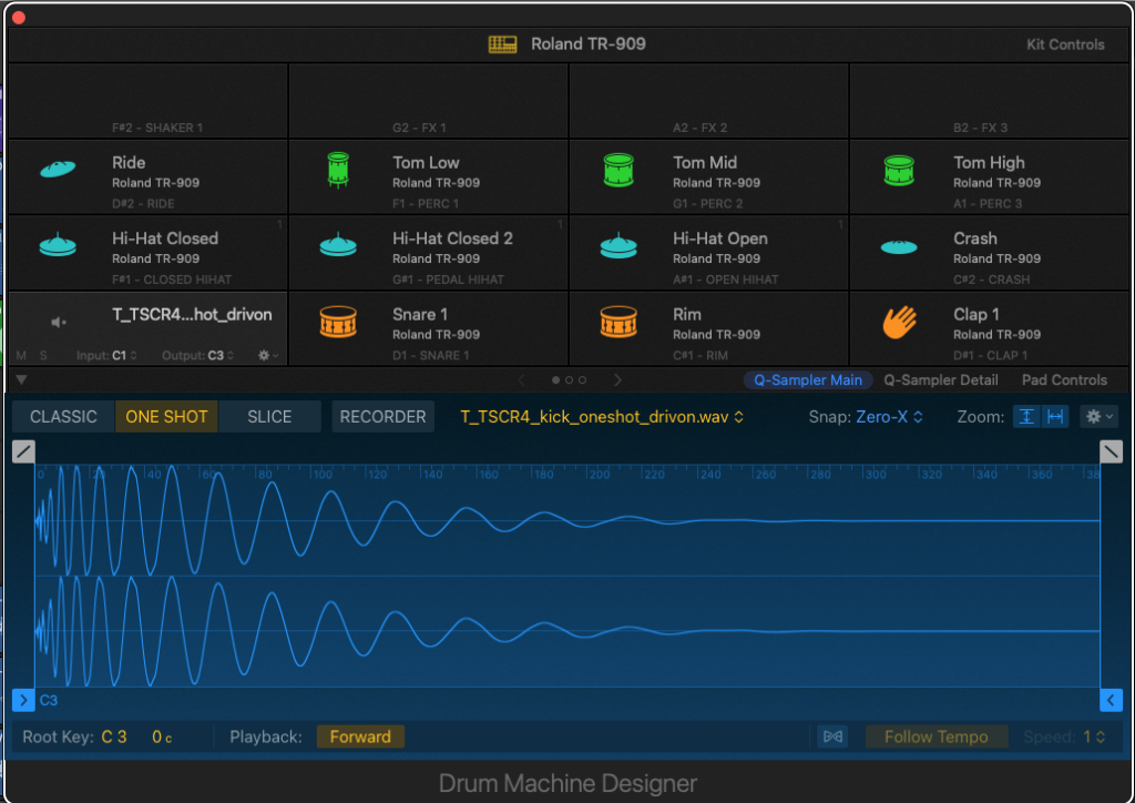 Logic Proの付属音源、Drum Machine DesignerにKickを割り当てている様子