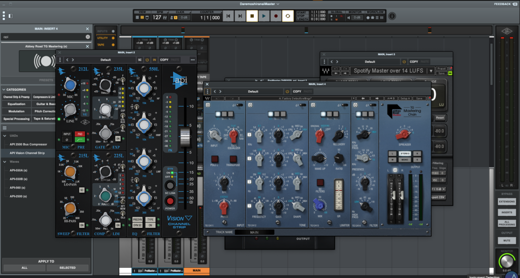 LUNA Proの画面にAbbey Road TG Mastering Chain, API Visionなどのマスタリング用のプラグインが並んでいる