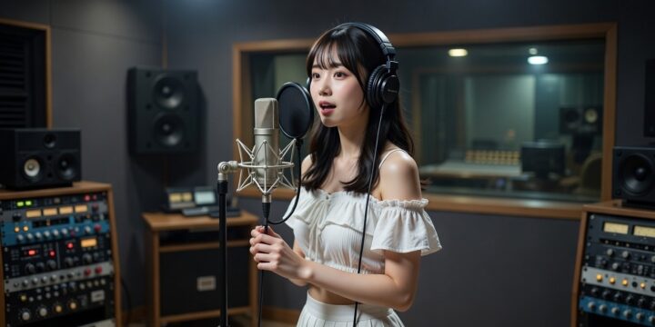 ボーカルをレコーディングする女性