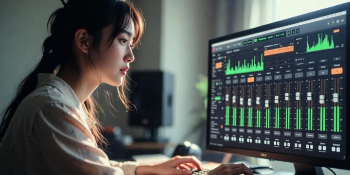 DTMでEQ(イコライザー)処理を学ぶ女性