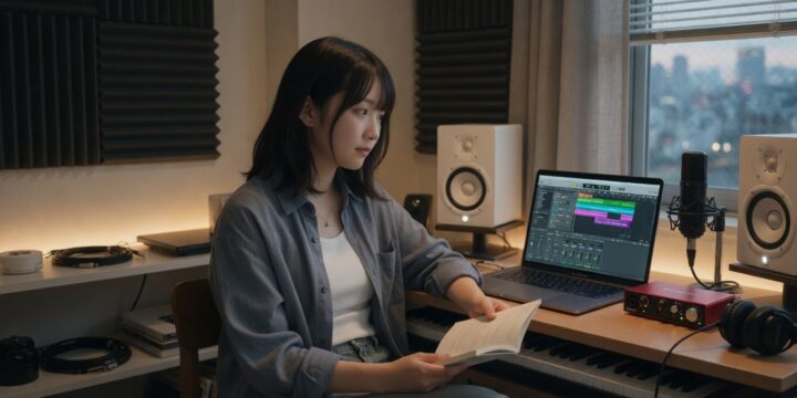 自宅スタジオでメロディ作りの流れを確認する女性